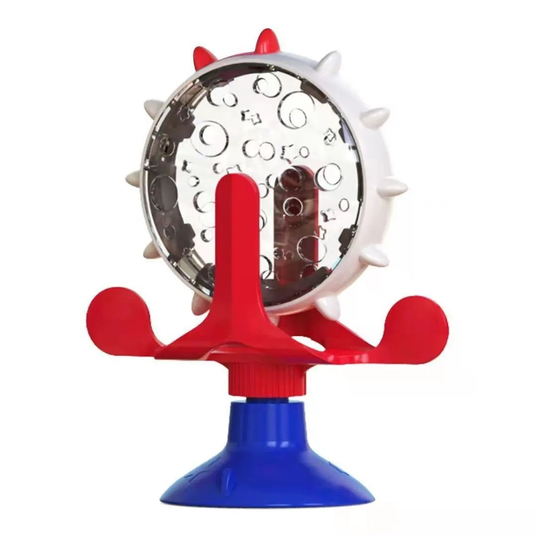 Interactive pet puzzle feeder toy with rotating food dispenser and sucker base in multiple colours
