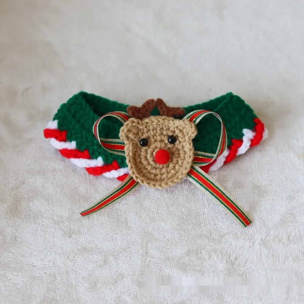 Knitted wool Christmas scarf for pets featuring festive patterns like striped Santa and elk, shown attached to a dog collar.