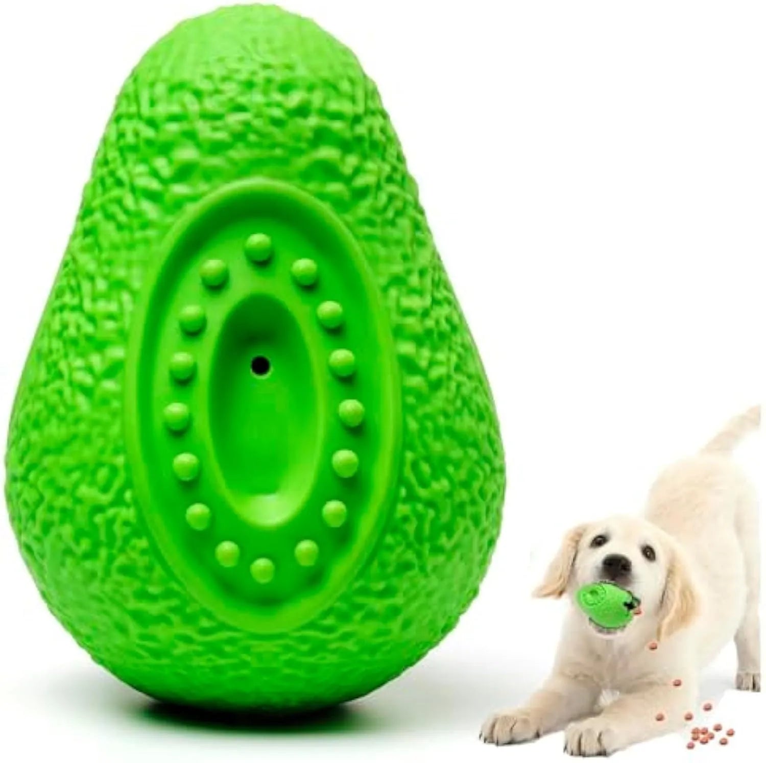 Green avocado-shaped heavy duty natural rubber dog chew toy with textured surface.