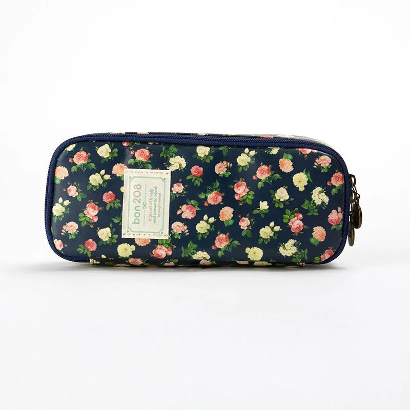 Canvas composite stationery pen storage bag 190x80x40mm in dark cyan pink yellow floral design