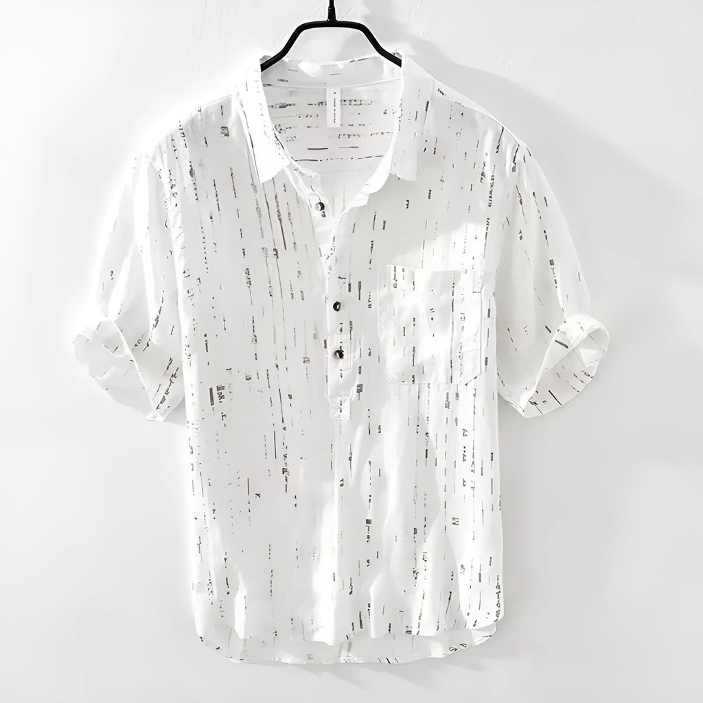 Men's black and white cardigan-style polo shirt with lapel collar and short sleeves