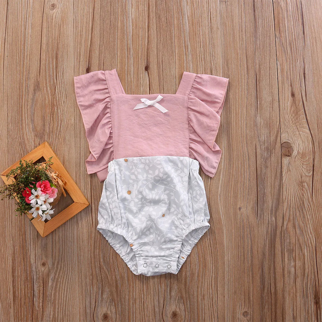 Camellia ruffles romper infant baby girl floral patchwork back-cross jumpsuit in pink cotton blend