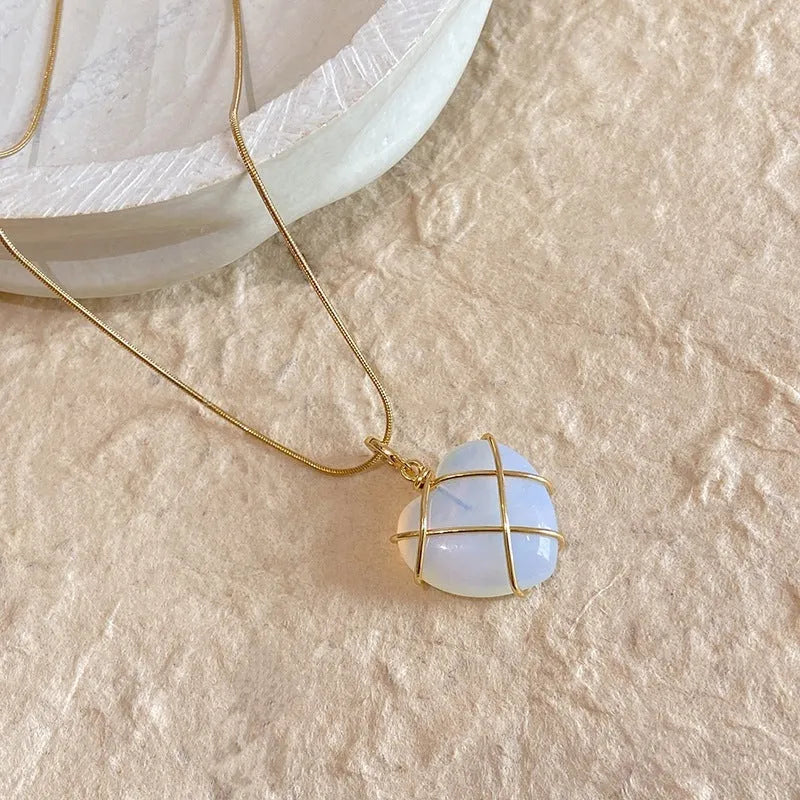 Fashion moonstone heart necklace with electroplated gold finish, adjustable chain, Barbie opal colour