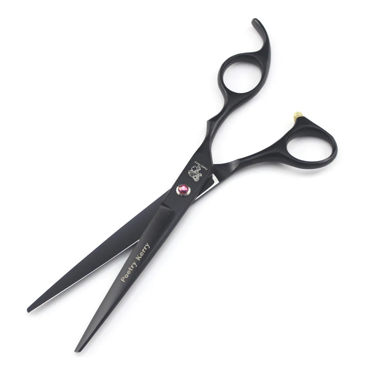 Six-piece black stainless steel pet grooming scissors set containing straight, curved, dense teeth, fishbone teeth scissors, comb, and haemostatic forceps
