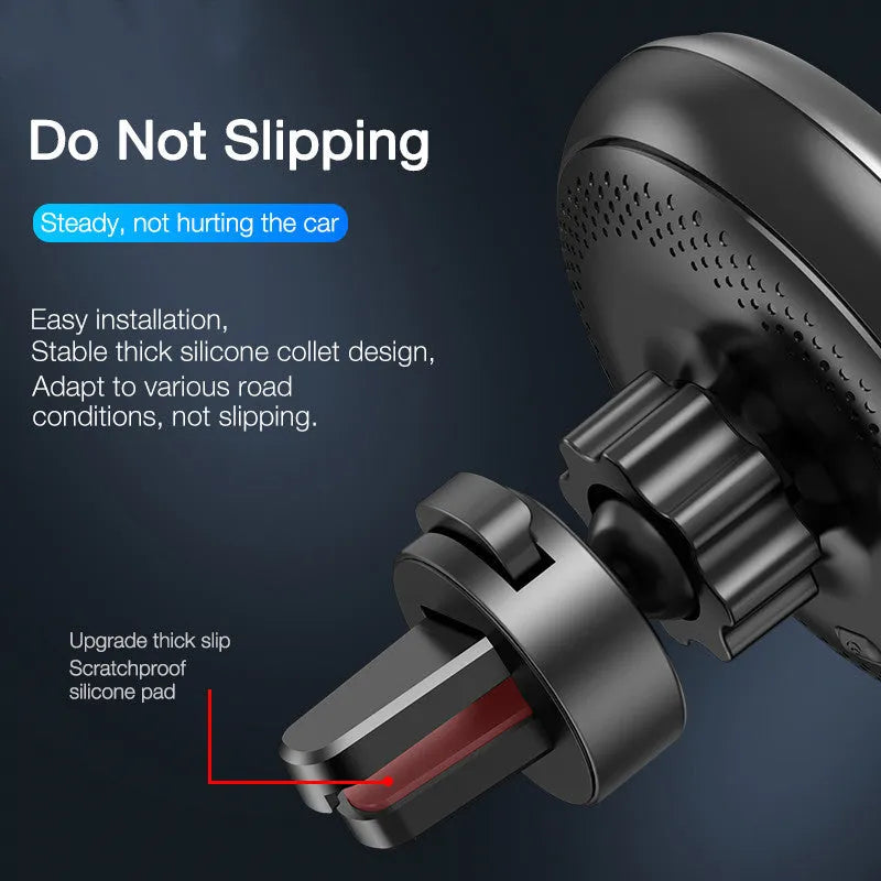 Black wireless car phone charger holder with Qi standard, adjustable 63-88mm, ABS and silicone build
