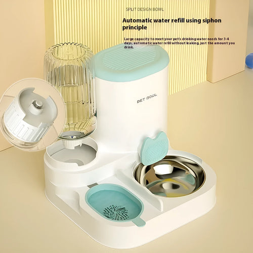 Automatic cat feeding and drinking fountain with stainless steel bowls in compact 27cm design