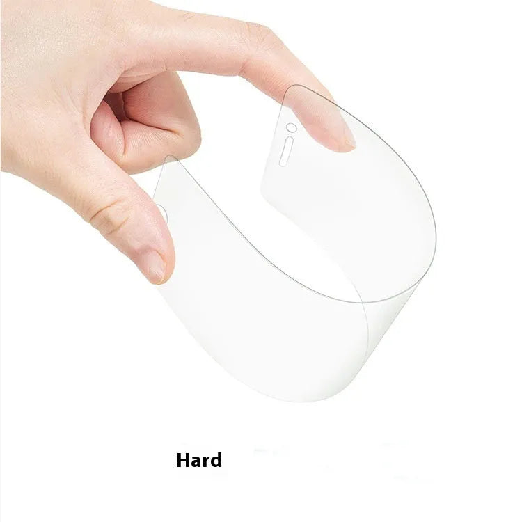 Tempered glass screen protector with 0.26mm arc edge for iPhone, showing film aligned over phone screen