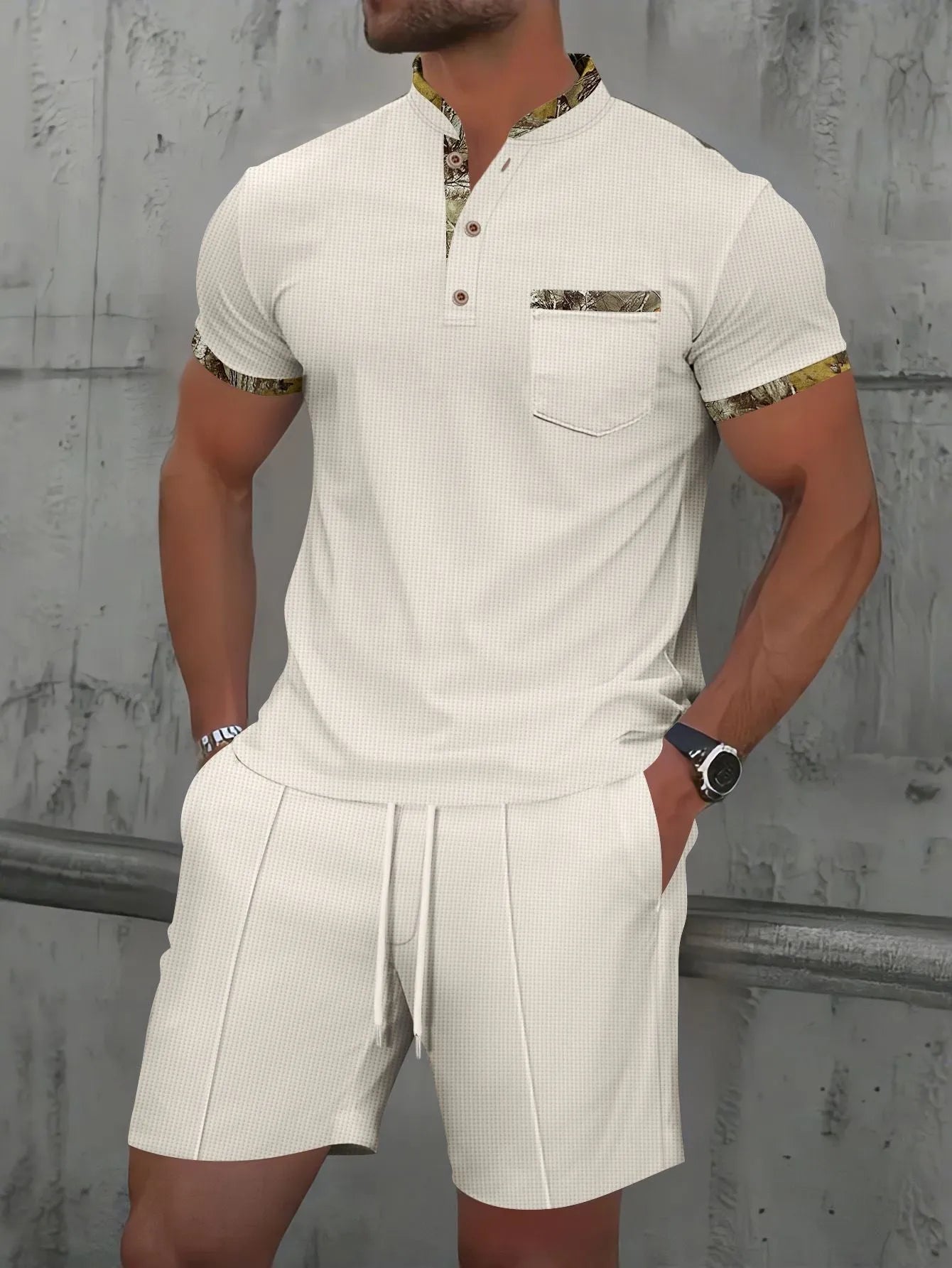 Men's grey zip-front polo short sleeve top and matching shorts, a cotton blend summer suit set.
