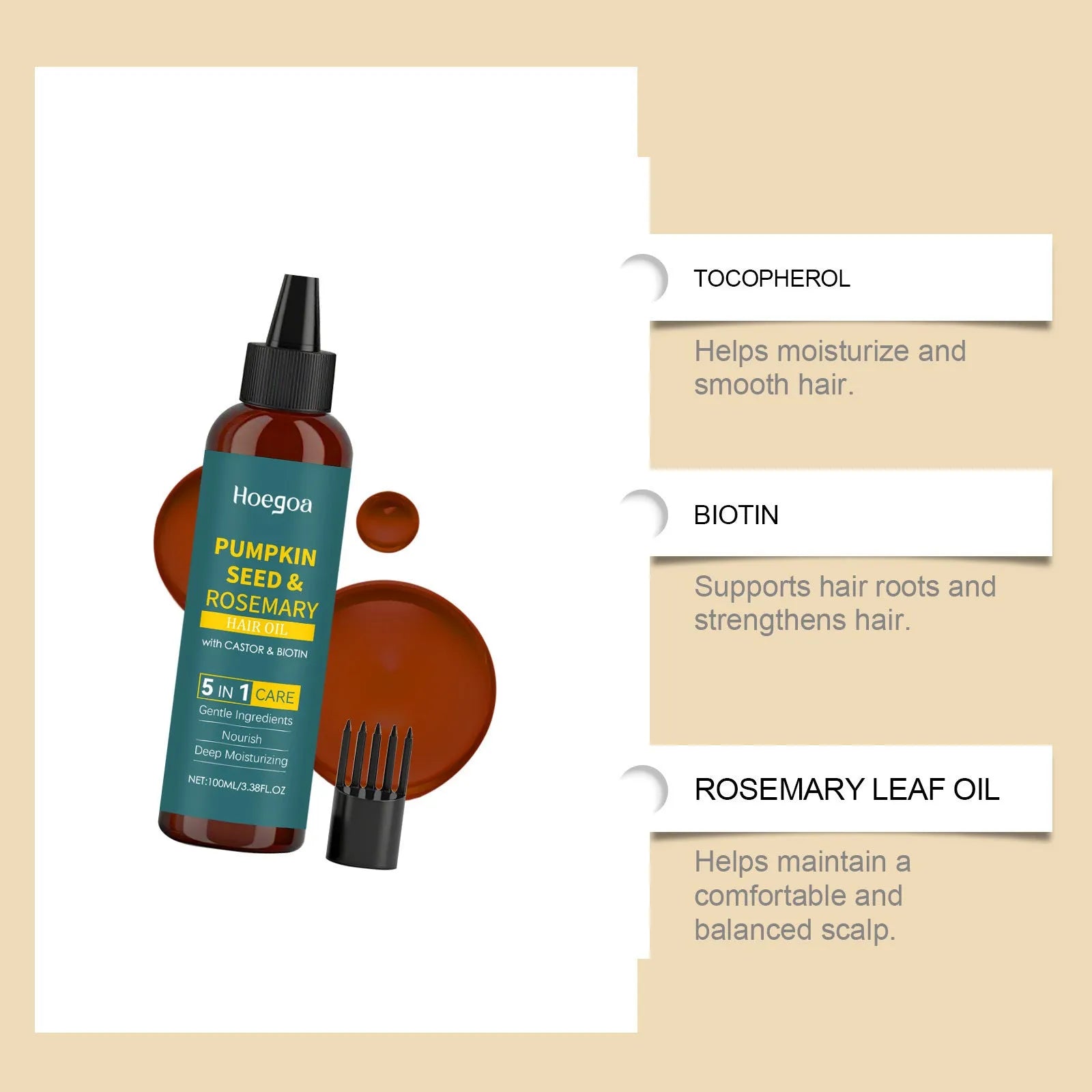 Rosemary essential oil hair care kit showing 100ml bottle, pointed nozzle, and wide-tooth comb.