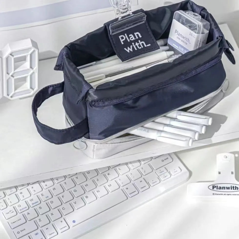 Folding double-layer student pencil case in dark blue, blue, or cream white colour