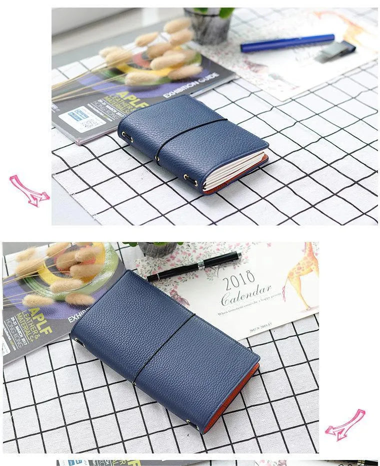Genuine leather travel notebook card holder with pen holder, three refill cores, and kraft paper pages in five colour options