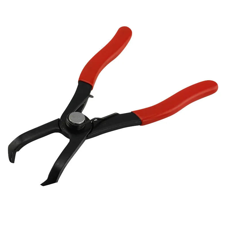 Red round nail removal pliers with adjustable steel jaws and black PVC handles.