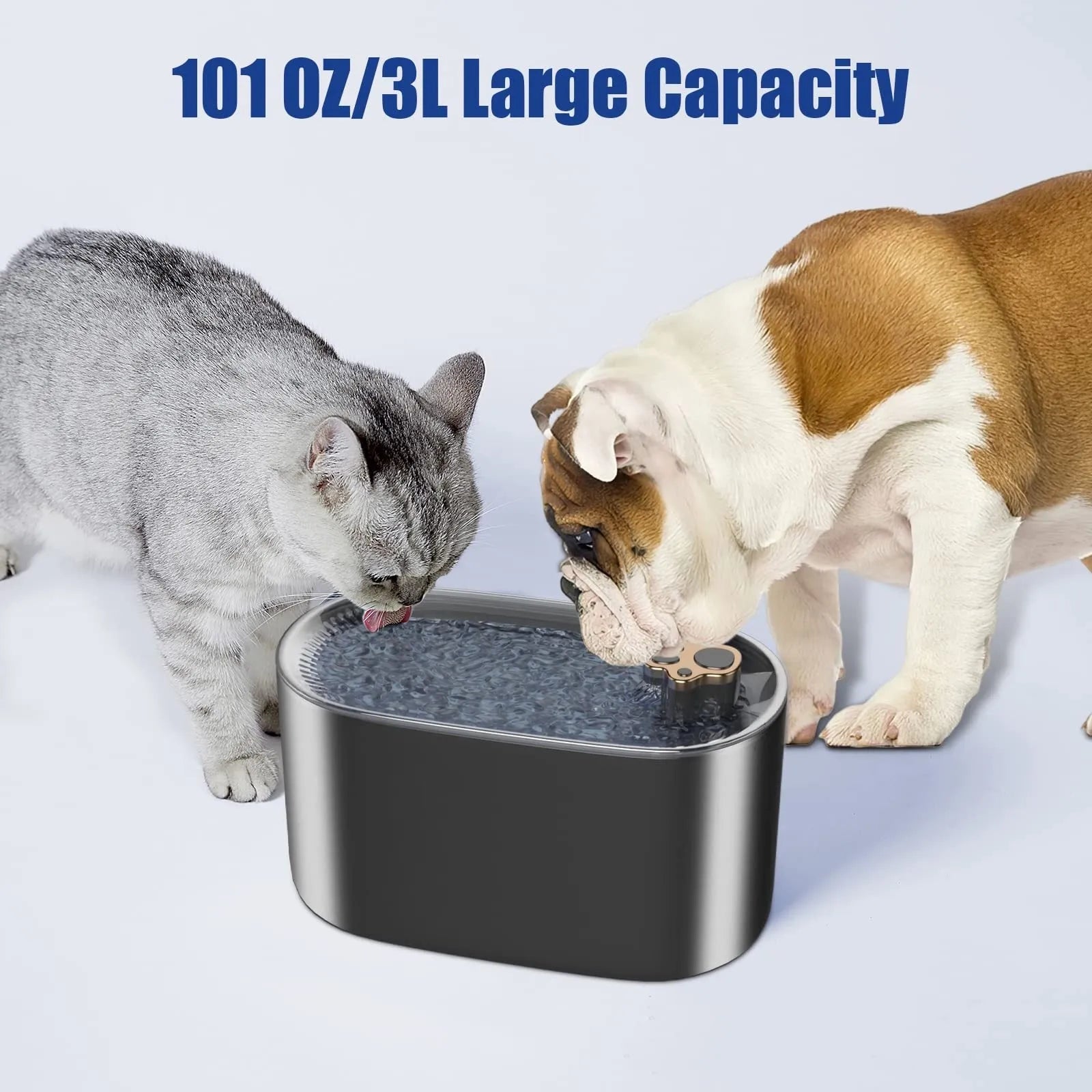 Berlin blue automatic pet water fountain with triple filter and LED light on a wooden floor.