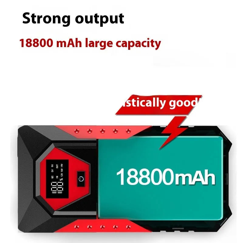 Red 12V car jump starter with battery clamps and 18800mAh capacity for emergency vehicle starting