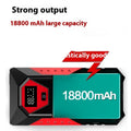 Red 12V car jump starter with battery clamps and 18800mAh capacity for emergency vehicle starting