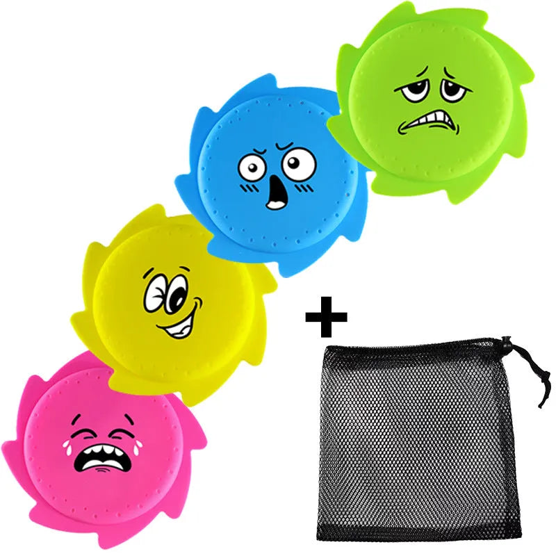 Silicone water toy in blue expression style on a wet surface for bath play