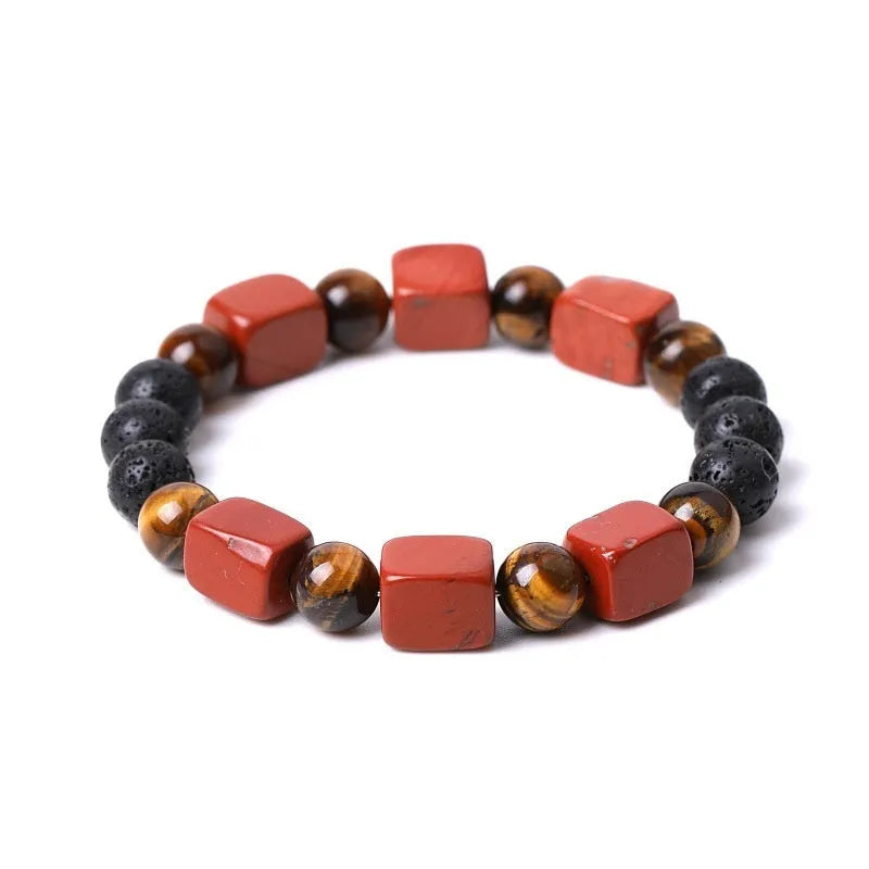 Square amethyst and volcanic stone geometric bracelet with handmade 8mm beads in five colour options