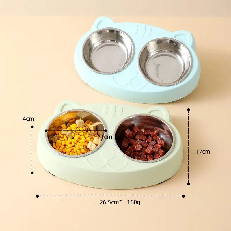 Blue macaron-shaped plastic pet feeder tray with two bowls for cat or dog food and water.