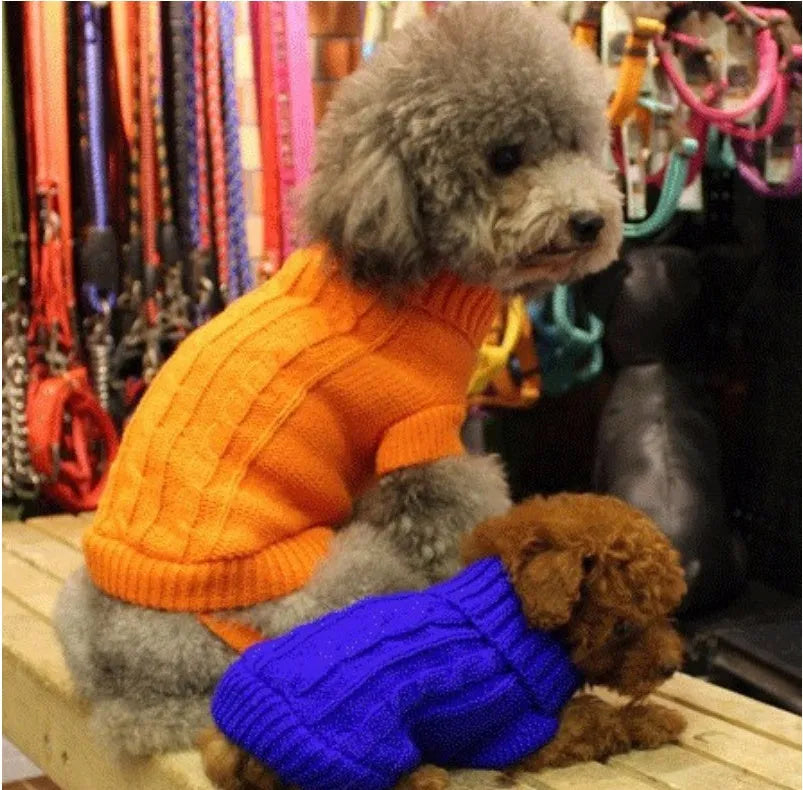 Knitted wool dog sweater with fabric buttons in assorted colours, sizes XS to XXL