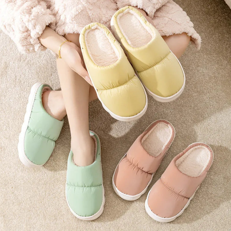 Winter indoor slippers with artificial leather upper, rubber anti-slip sole, and plush lining