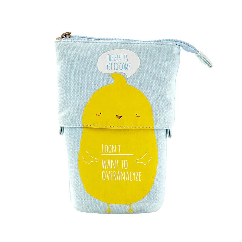 Korean-style round canvas pencil bag with cartoon pattern and zippered closure