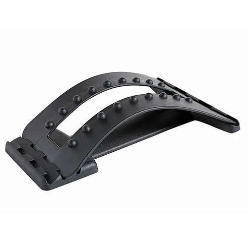 A black back massager and stretcher device with plastic pins and magnetic points on an adjustable frame.