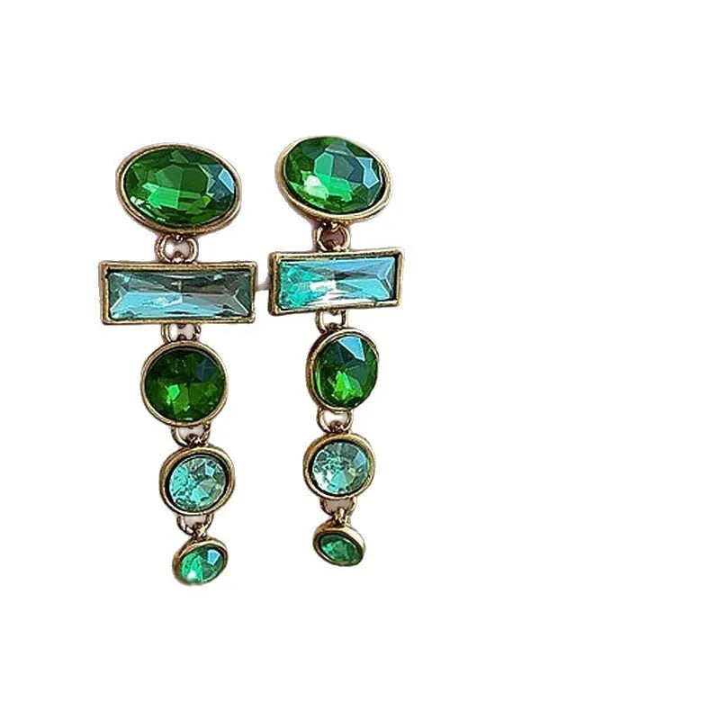 Retro green gradient tassel clip-on earrings with inlaid zircon, alloy geometric shape, women's Chinese style studs