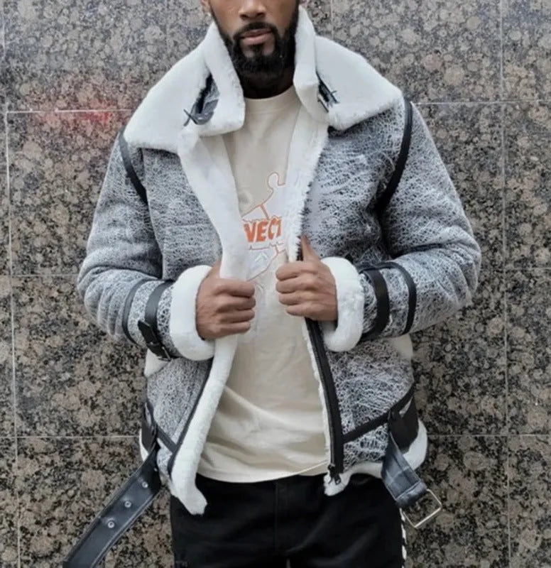 Men's grey polyester jacket with big fur collar, loose fit, zip front, available in sizes S to 5XL