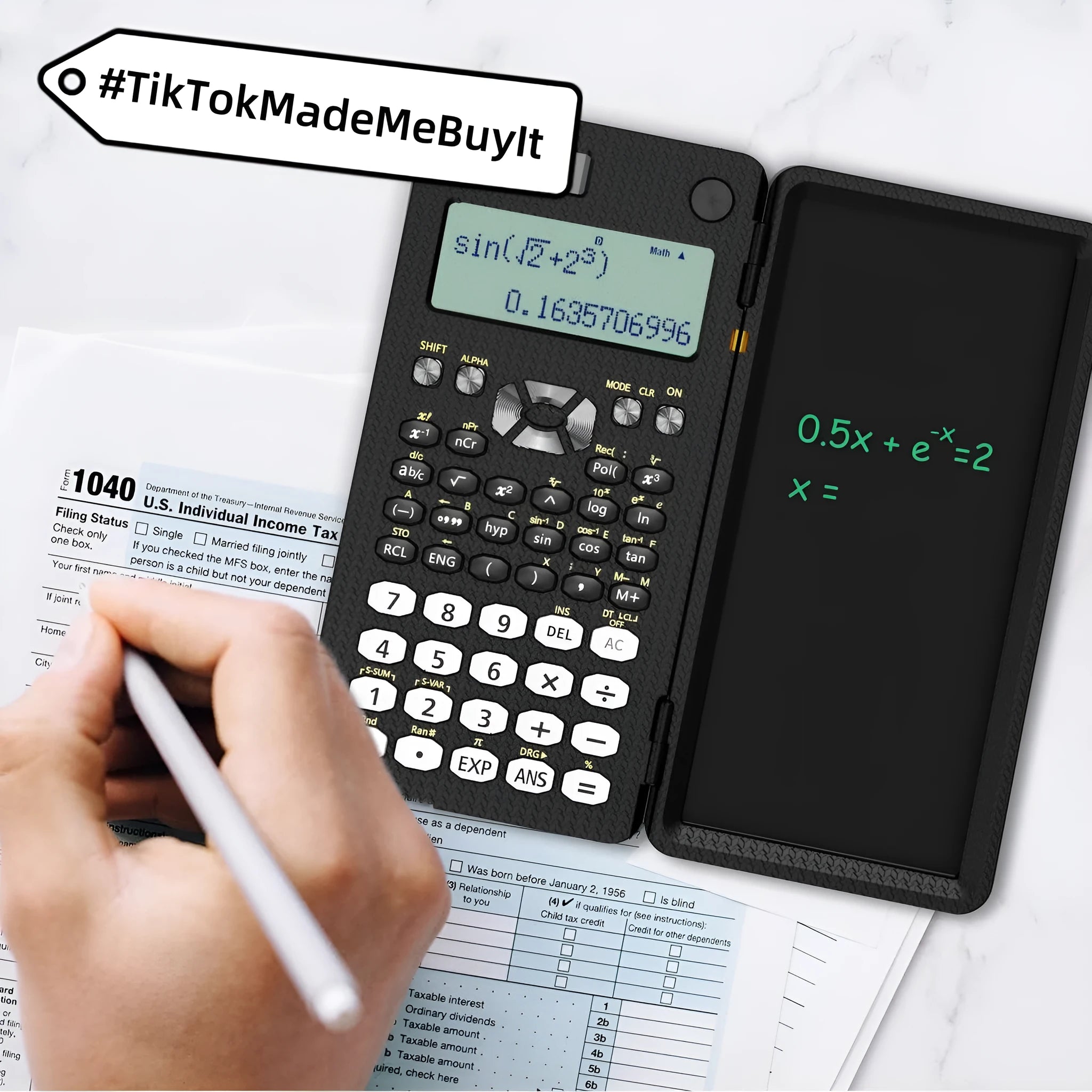 Black foldable 2-in-1 scientific calculator with handwriting tablet on blue LCD screen, ABS body, portable design