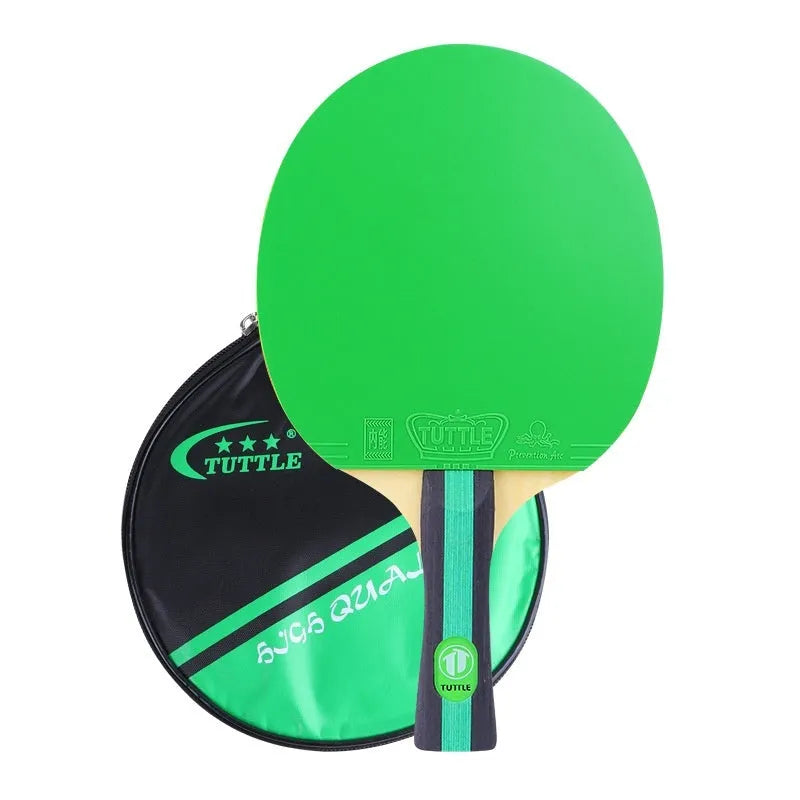 Pink, blue, and green table tennis rackets with long shakehand grips and matching protective cover bags.