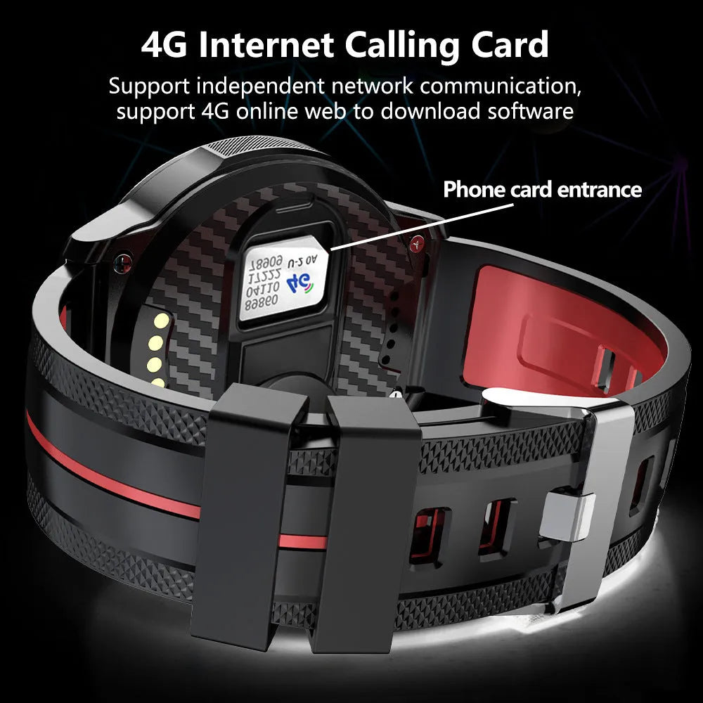 4G smart watch with ceramic bezel, AMOLED screen, rubber wristband, and touch buttons on a wrist
