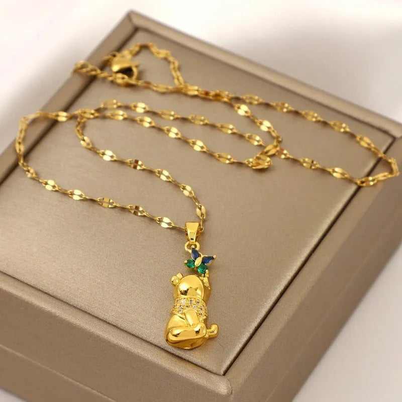 Gold electroplated copper necklace with micro inlaid zircon bear and butterfly, heart pendant, lip chain 41-50cm