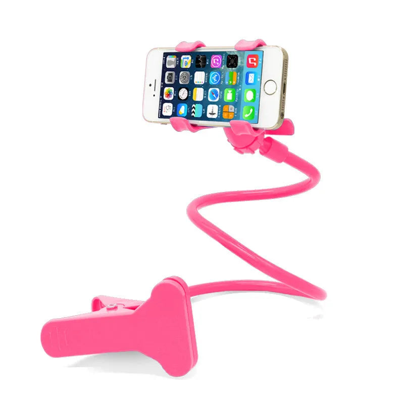 Black portable phone holder with 70cm flexible arm and universal V-clip for bed and desk mounting