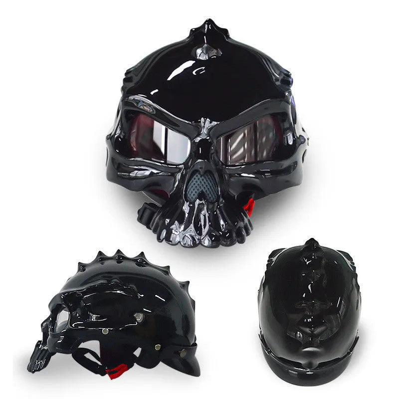 Double-sided changeable skull motorcycle helmet in ABS construction showing colour options