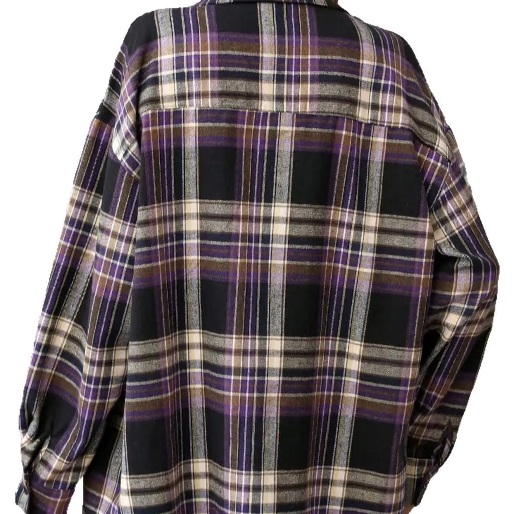 Women's loose fit casual cotton shirt with retro plaid pattern in black, green, or purple colours with long sleeves
