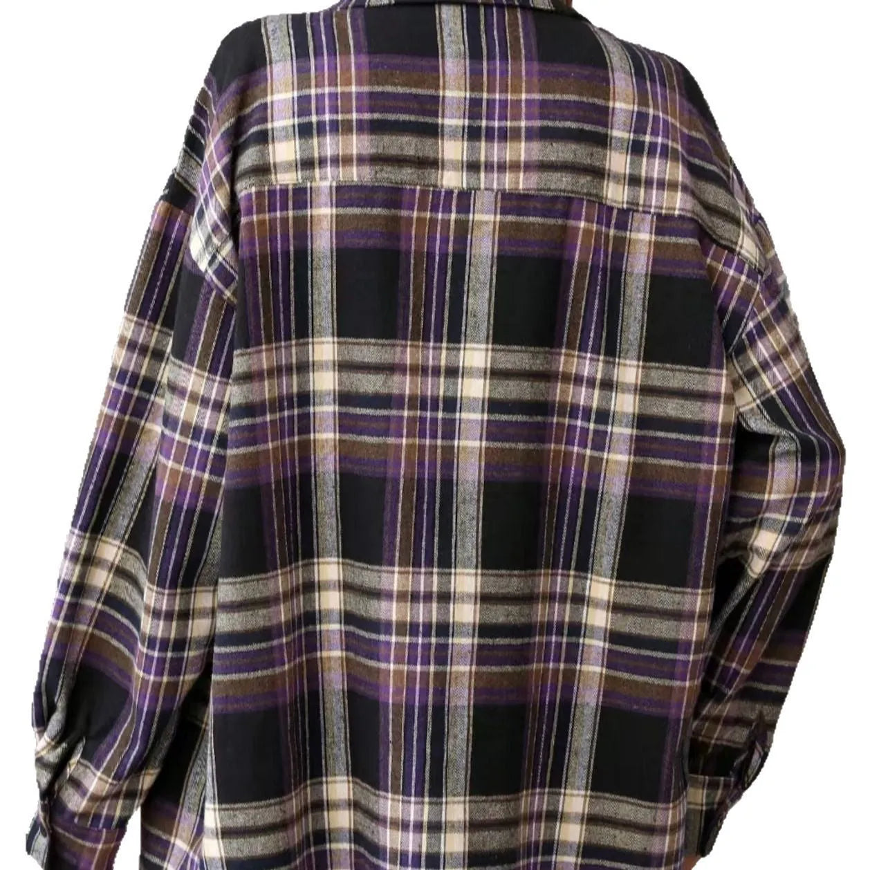 Women's loose fit casual cotton shirt with retro plaid pattern in black, green, or purple colours with long sleeves