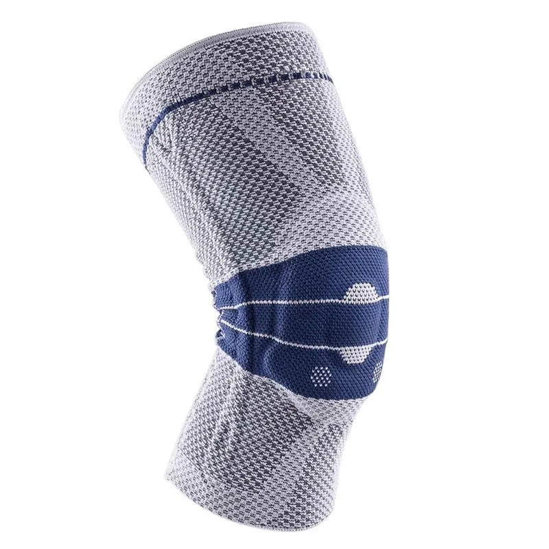 Adult basketball knee pads in nylon and spandex, sizes S M L XL, black and blue or grey and blue.