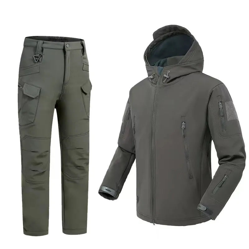 Men's soft shell camouflage jacket in black, grey, green or khaki with fleece lining, windproof waterproof, sizes S-XXXL, includes pants.