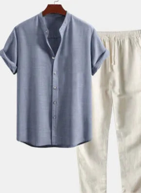 Men's casual linen blend short sleeve shirt and full-length trousers set on a hanger.