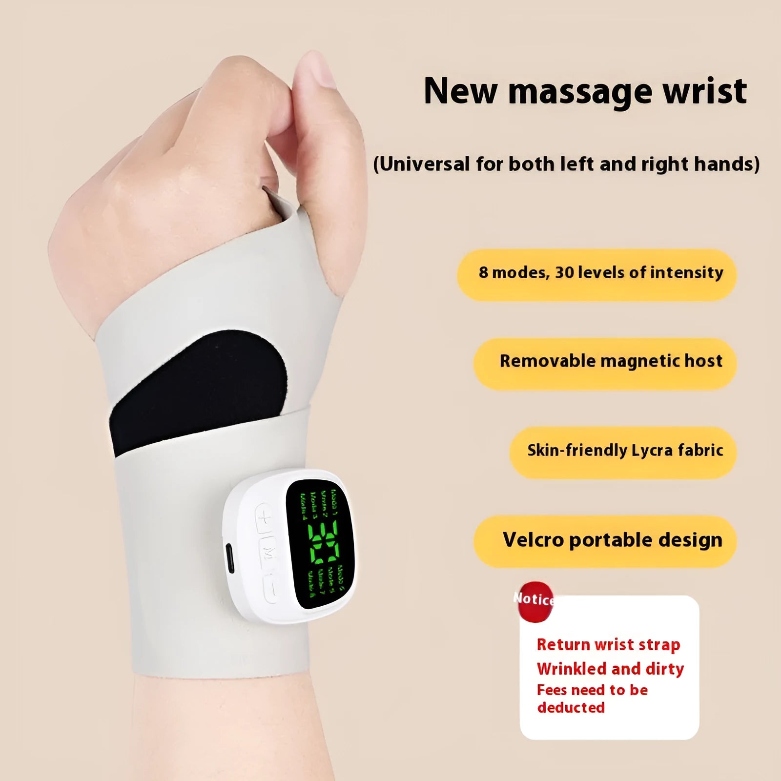 Adjustable hand massage instrument with coloured wristbands on a table.