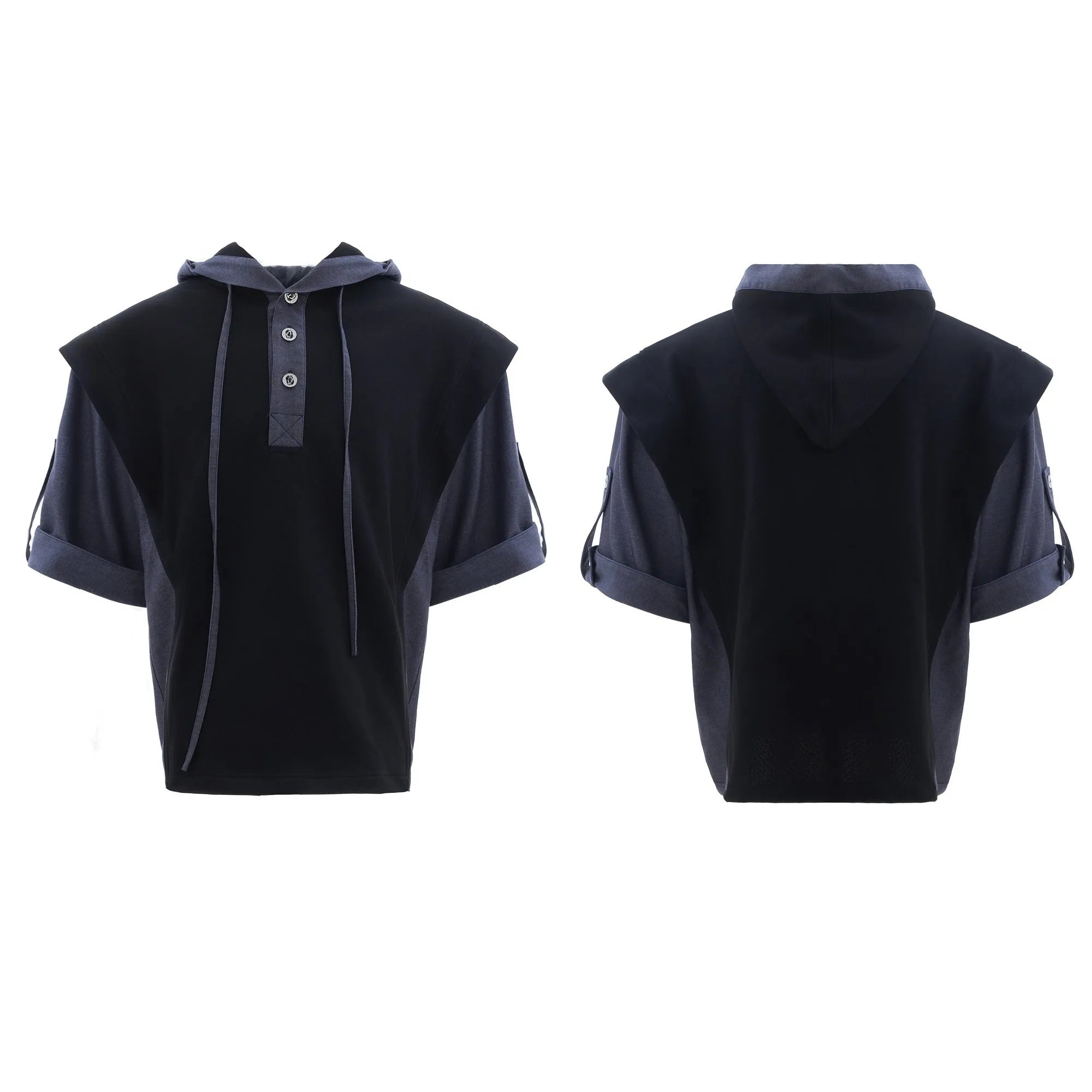 Men's black polyester hooded short sleeve jacket and trousers with three-dimensional stitching
