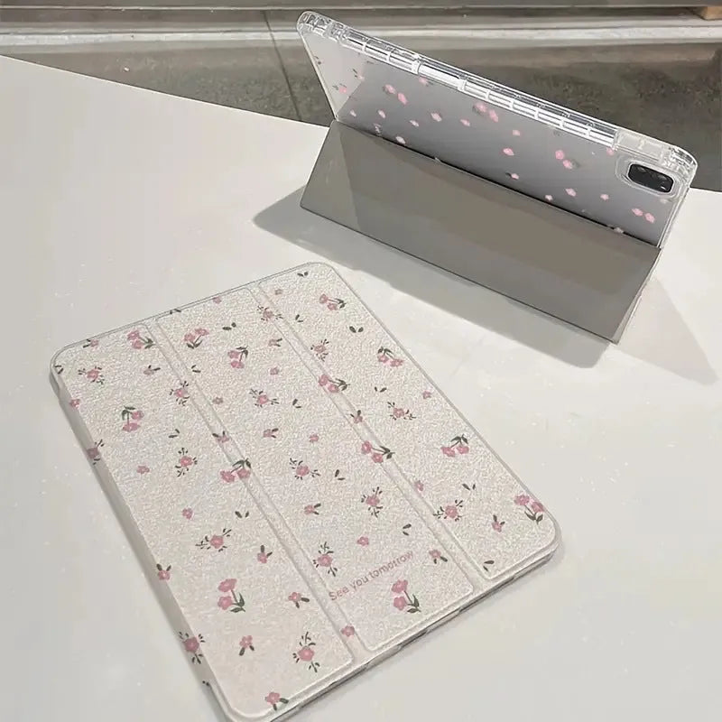 Transparent floral tri-fold protective case for Apple iPad with magnetic stand functionality