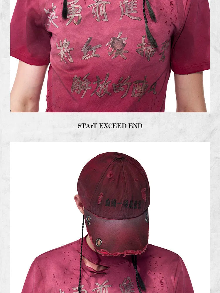 Rose red cotton peaked cap with adjustable strap and spray dirty old vintage design.