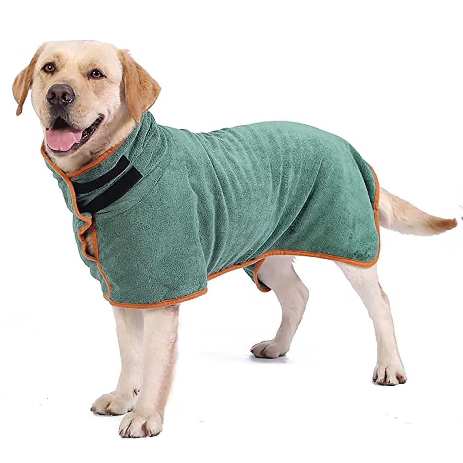 Nylon dog drying towel in grey with orange edge trim shown folded, available in XS to XL sizes