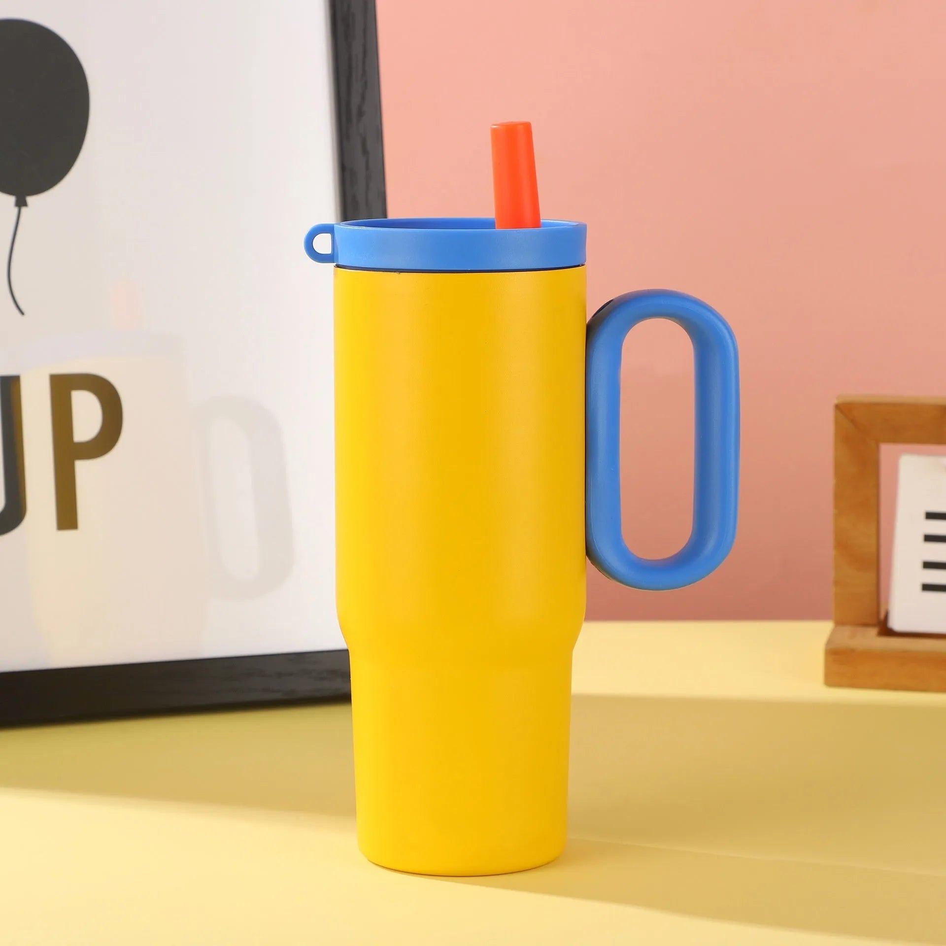 Large capacity portable insulated straw cup with handle in multiple colour options