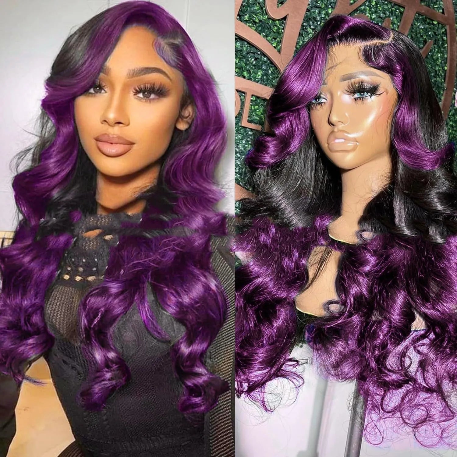 Gradient purple real human hair lace front wig with 13x6 lace base shown in long length