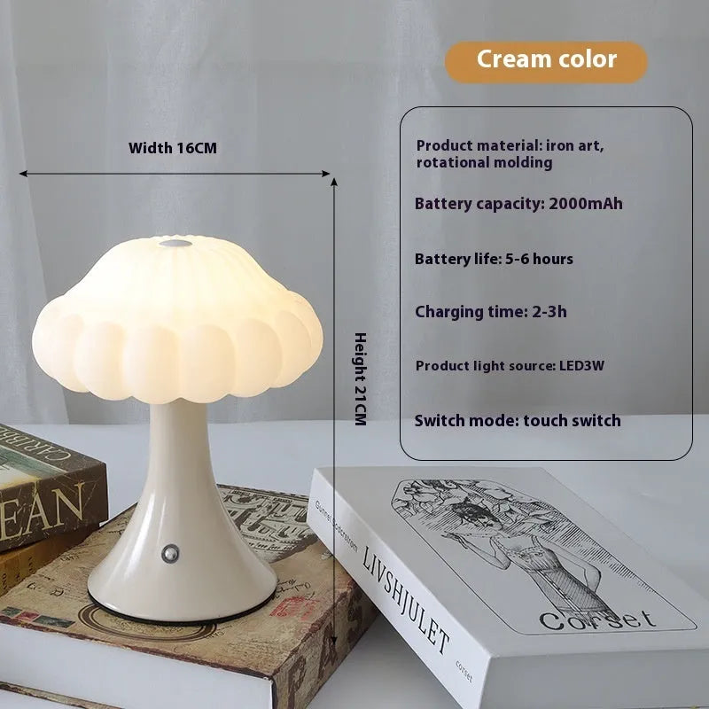 Creative mushroom-shaped touch night lamp in wood grain, white, cream, grey, or black colour options