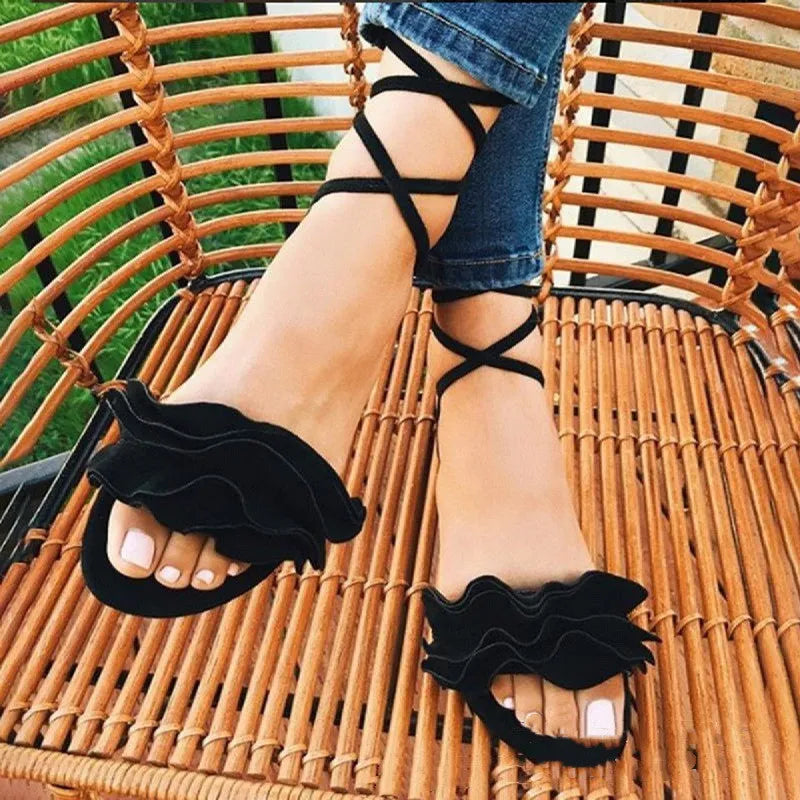 Fashion plus size flower flat sandals for ladies in suede with ankle strap and flat heel