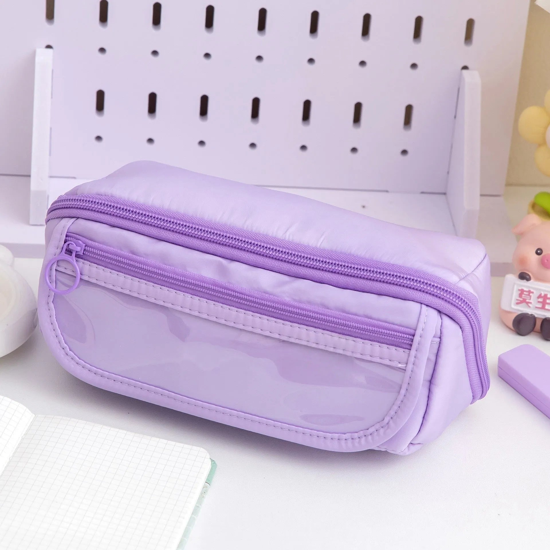 Korean-style canvas pencil case with 10-layer flip design open to show multiple compartments