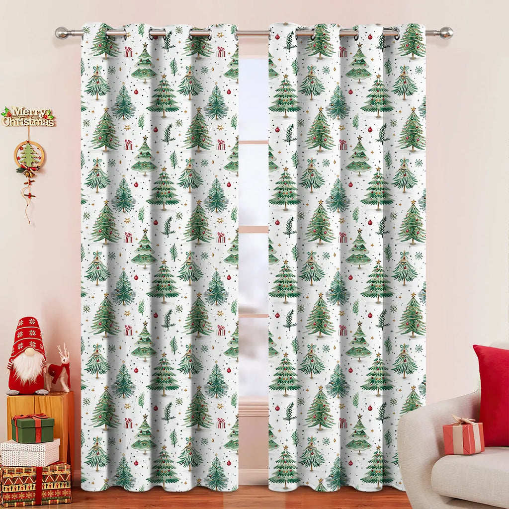 Green Christmas Forest patterned punching design polyester shade curtain hung on a window